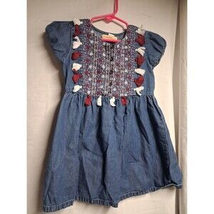 Sweet Magnolia Girls Boho Blue Embroidered Denim Tassel Smock Dress 3T
